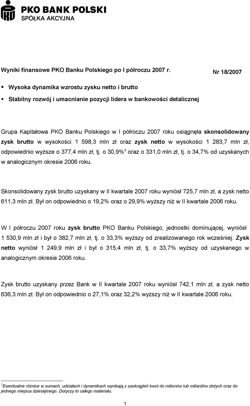 skonsolidowany zysk brutto w wysokości 1 598,3 mln zł oraz zysk netto w wysokości 1 283,7 mln zł, odpowiednio wyższe o 377,4 mln zł, tj. o 30,9% 1 oraz o 331,0 mln zł, tj.