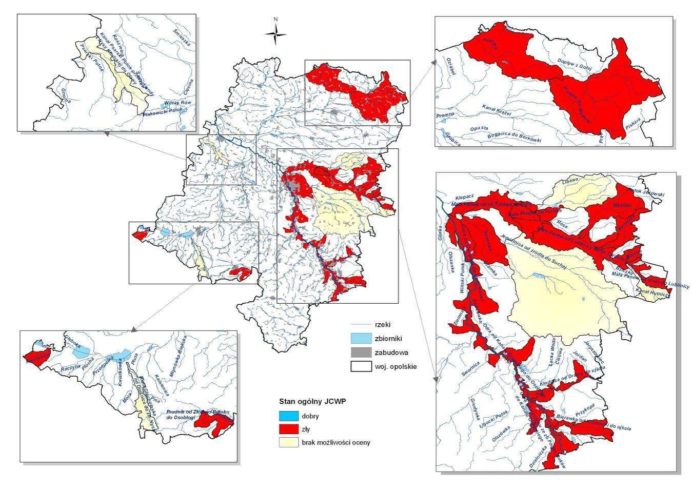 Mapa 20. Ocena ogólna jednolitych części wód powierzchniowych w województwie opolskim w 2011 r. Źródło: Stan środowiska w województwie opolskim w roku 2011. WIOŚ Opole, 2012 r. Tabela 30.