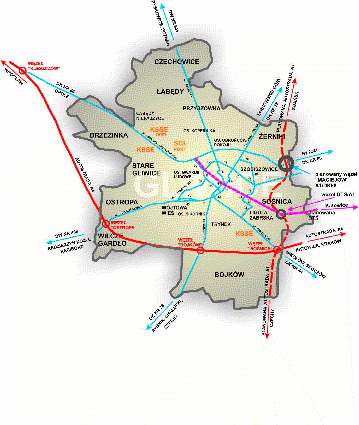 INFRASTRUKTURA Skrzyżowanie autostrad A1 (północ południe) i A4 (wschód-zachód) Drogowa Trasa Średnicowa Międzynarodowe Lotnisko Pyrzowice w Katowicach (43 km) oraz bliskość 2 międzynarodowych