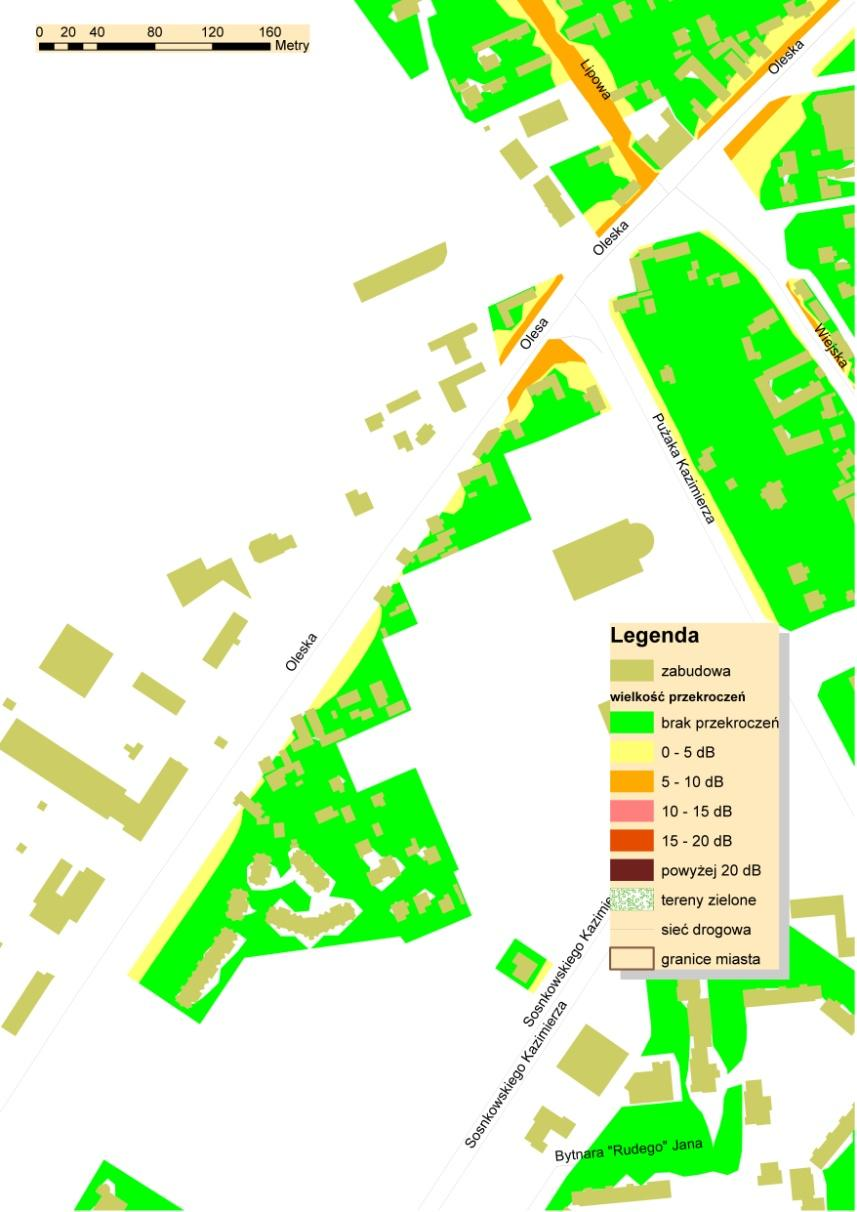 D27 Mapa rozkładu przekroczeń wskaźnika LDWN (wskaźnik L DWN) ul. Oleska (od ul. Planowane działania: Wiejskiej do ul. S.