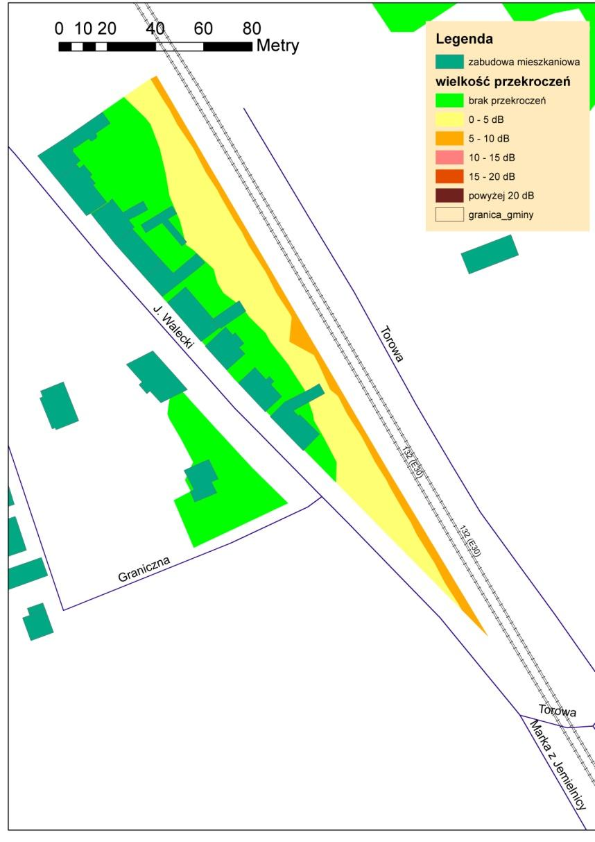 K4 Mapa rozkładu przekroczeń wskaźnika LDWN (wskaźnik L DWN L N) Linia kolejowa nr 132_ul.