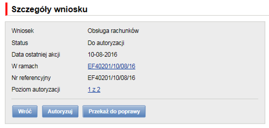 Każda ze wskazanych w powyższym kroku osób powinna zalogować się do ewnioski i z poziomu szczegółowego podglądu wniosku wybrać opcję Autoryzuj w celu złożenia wymaganych autoryzacji.