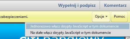 Pobrany pilk należy otworzyć i wypełnić zgodnie z wymaganiami. W celu prawidłowej obsługi wniosku należy jednorazowo włączyć skrypty Java.