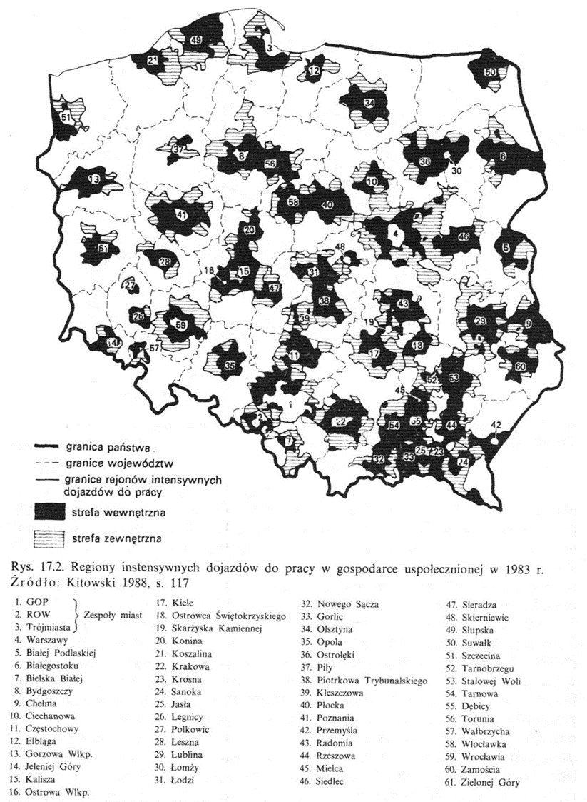 Rys. 3. Zasięg oddziaływania najważniejszych ośrodków miejskich w Polsce w połowie lat 80-tych. Źródło: Stanisław Leszczycki, Ryszard Domański, Geografia społeczno-ekonomiczna Polski.
