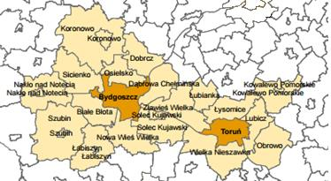 Rys. 7. Postulowane poszerzenie zasięgu MOF Bydgoszczy i Torunia wniosek Zarządu Województwa z 28 lutego 2013 r. w nawiązaniu do opracowania Ministerstwa Rozwoju Regionalnego pt.