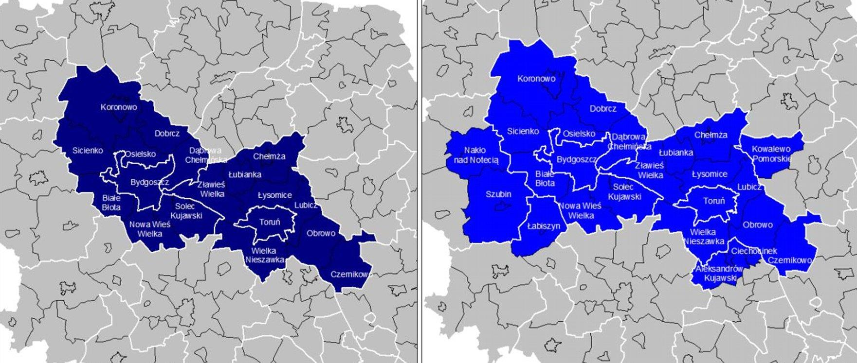 Analizy wykonane przez Centrum Badań Metropolitalnych Uniwersytetu Adama Mickiewicza w Obszar funkcjonalny Bydgoszczy i Torunia oraz jego związki z pozostałą częścią województwa wskazały wariantowy