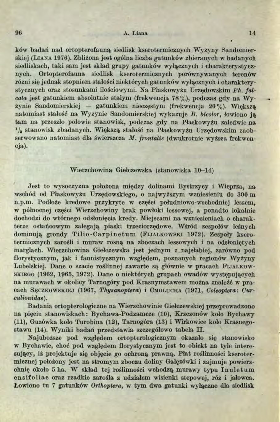 96 A. L iana 14 ków badań nad ortopterofauną siedlisk kserotermicznycli W yżyny Sandomierskiej (L i a n a 1 9 7 6 ).