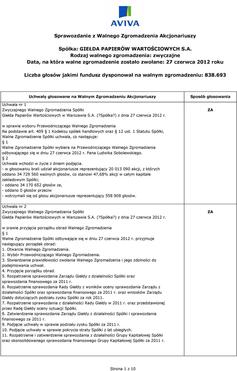 PAPIERÓW WARTOŚCIOWYCH S.A. Rodzaj walnego zgromadzenia: zwyczajne Data, na która walne zgromadzenie zostało zwołane: 27 czerwca 2012 roku Liczba głosów jakimi fundusz dysponował na walnym zgromadzeniu: 838.