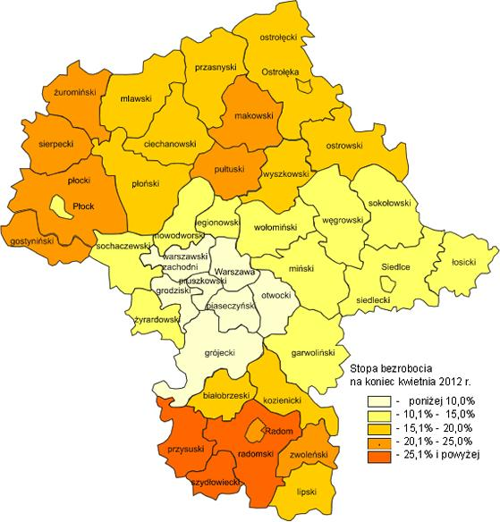 W porónaniu do kietnia 2011 r. stopa bezrobocia na Mazoszu spadła o 0,2 punktu procentoego ( kraju spadek o 0,1 punktu procentoego). W porónaniu do kietnia 2011 r.