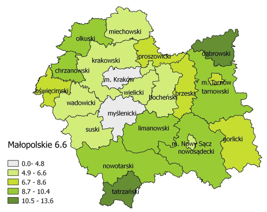 3,7 4,8 5,3 5,5 6 6 6,3 7 7,8 7,9 7,9 8,2 8,6 9 9,1 9,5 9,9 1,2 1,4 12 13,6 Mapa 1 Przestrzenne zróżnicowanie stopy bezrobocia (%) w