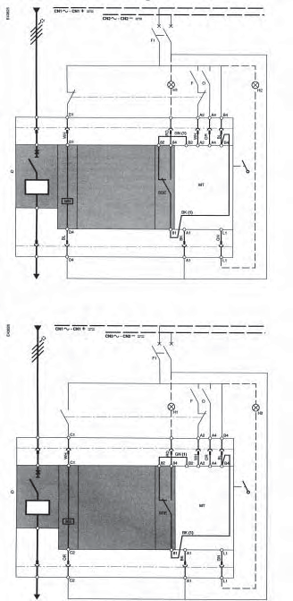 Wy àczniki Compact: schematy po àczeƒ Wy àczniki Compact NS100 do NS630 Nap d silnikowy Aumatyczne przywrócenie stanu gowoêci przy u yciu wyzwalacza MN zabezpieczenie zabezpieczenie przycisk