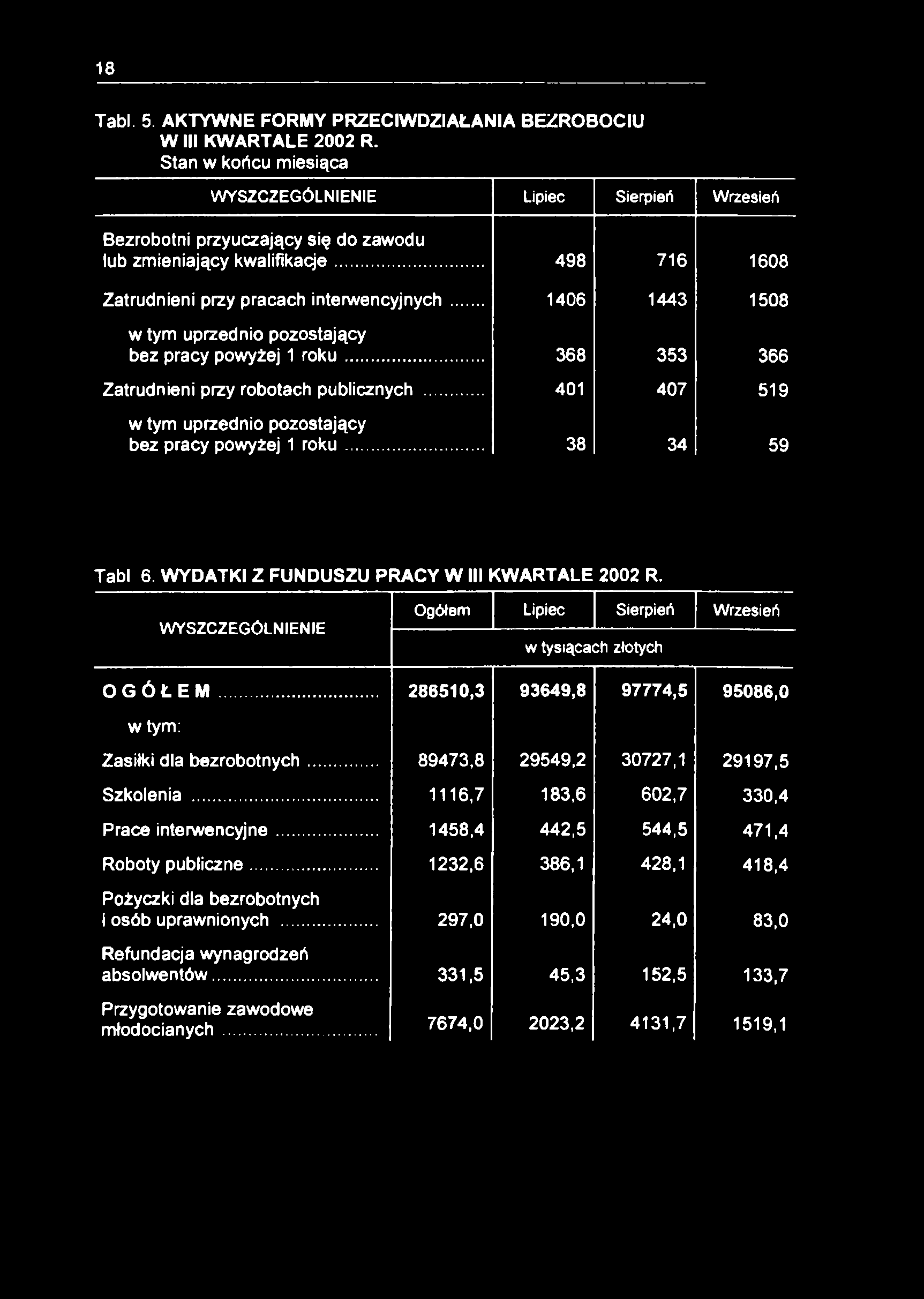 18 Tabl. 5. AKTYWNE FORMY PRZECIWDZIAŁANIA BEZROBOCIU W III KWARTALE 2002 R.