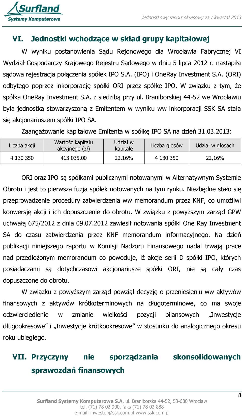 A. z siedzibą przy ul. Braniborskiej 44-52 we Wrocławiu była jednostką stowarzyszoną z Emitentem w wyniku ww inkorporacji SSK SA stała się akcjonariuszem spółki IPO SA.