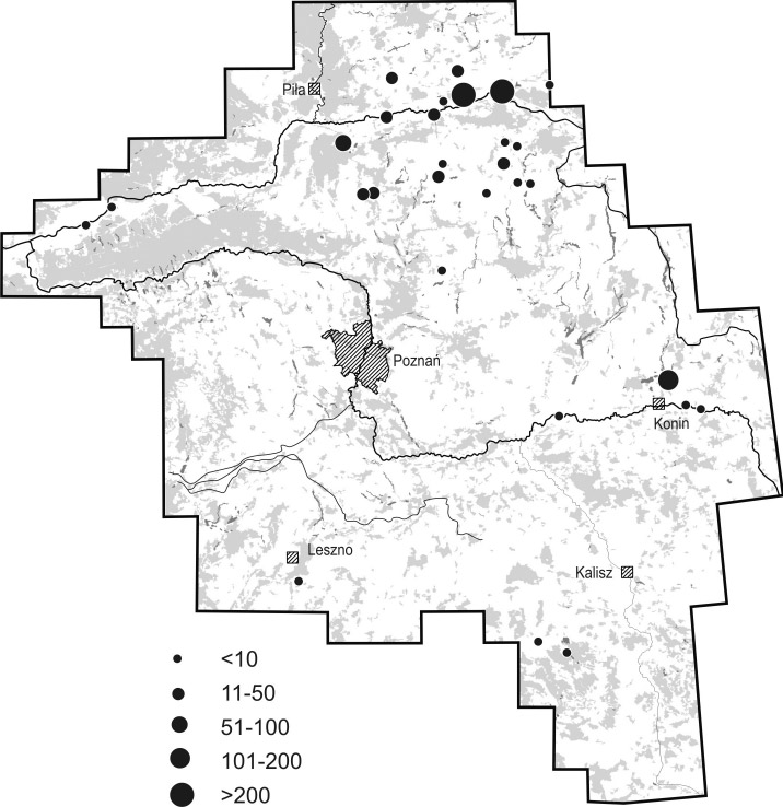 Ryc. 1. Rozmieszczenie i liczebność łabędzi czarnodziobych Cygnus columbianus bewickii w Wielkopolsce wiosną 2010 roku Fig. 1. Distribution and numbers of Bewick s Swan Cygnus columbianus bewickii in Wielkopolska in spring 2010 Ryc.