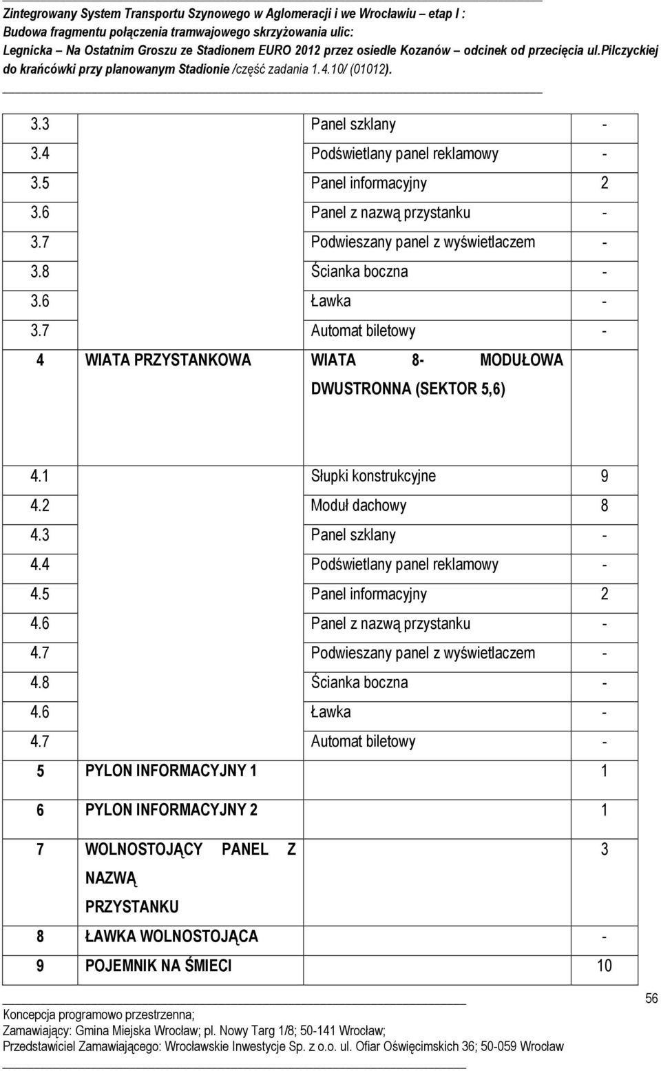 3 Panel szklany - 4.4 Podświetlany panel reklamowy - 4.5 Panel informacyjny 2 4.6 Panel z nazwą przystanku - 4.7 Podwieszany panel z wyświetlaczem - 4.