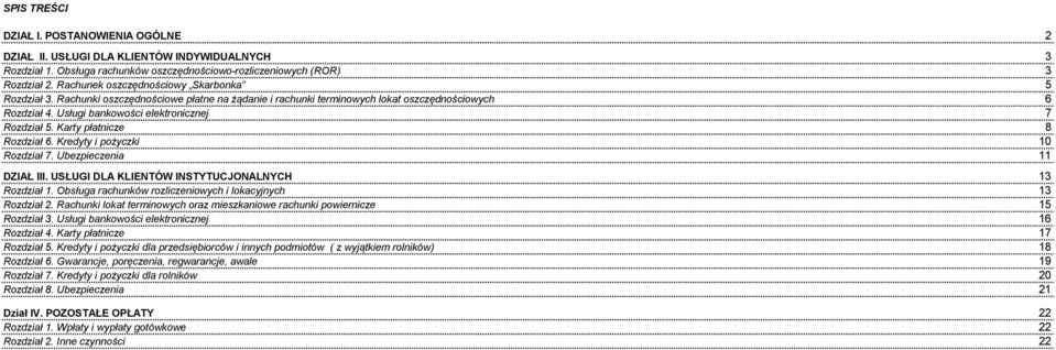 Karty płatnicze 8 Rozdział 6. Kredyty i pożyczki 10 Rozdział 7. Ubezpieczenia 11 DZIAŁ III. USŁUGI DLA KLIENTÓW INSTYTUCJONALNYCH Rozdział 1.