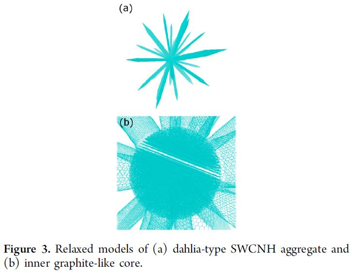 Hawelek i wsp. [J. Phys. CHem. A. 117 (2013) 9057] wygenerowali z wykorzystaniem symulacji MD model agregatu zbudowanego z 24 nanorogów połączonych z kulistym rdzeniem węglowym.