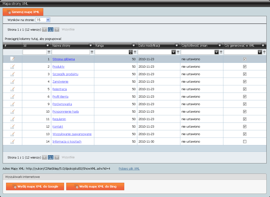Rys. 144 Panel administracyjny, Zarządzanie stronami, Mapa strony XML, Lista stron.