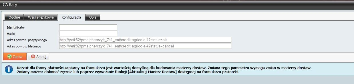 Rys. 265 Panel administracyjny, Zamówienia i płatności, Systemy ratalne, CA Raty, zakładka Konfiguracja.