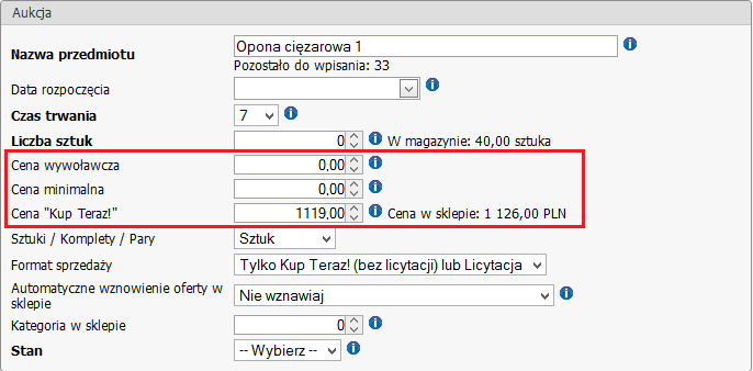 Rys. 39 Formularz aukcji. Uwaga: Formularz aukcji zawiera takie same obszary jak formularz tworzenia szablonu z podmenu Szablony.
