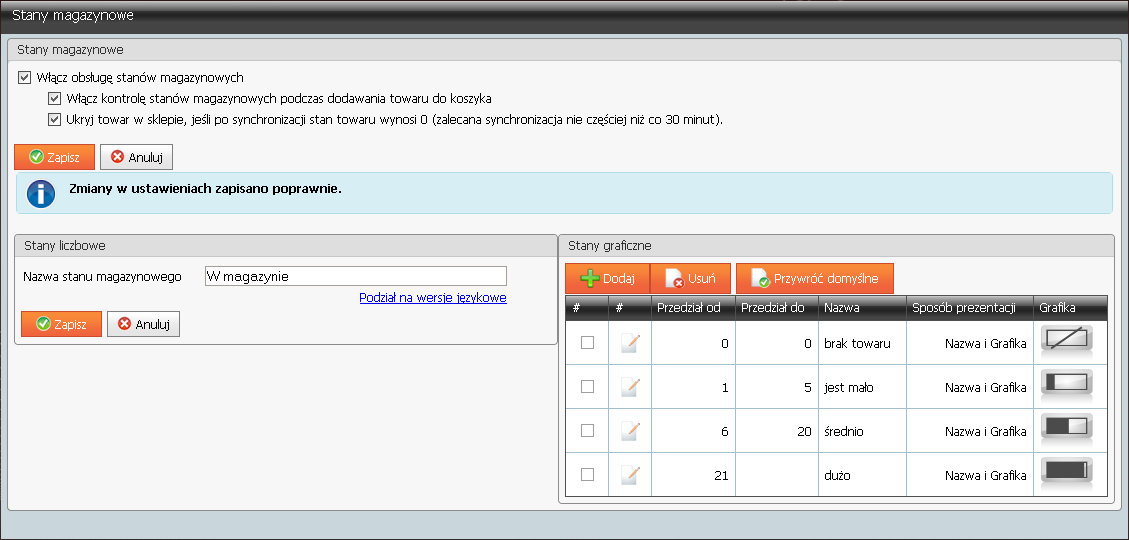 Rys. 98 Panel administracyjny, Konfiguracja, Prezentacja asortymentu, Stany magazynowe.