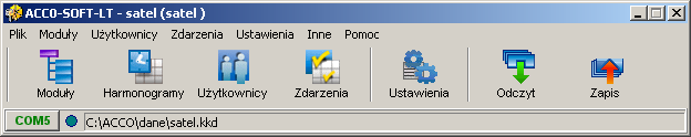 28 SATEL ACCO 5. Po utworzeniu pliku konfiguracyjnego (lub otwarciu już istniejącego pliku) zmieni się wygląd paska menu programu (patrz: rys. 21). Dostępne będzie całe menu i pozostałe przyciski.