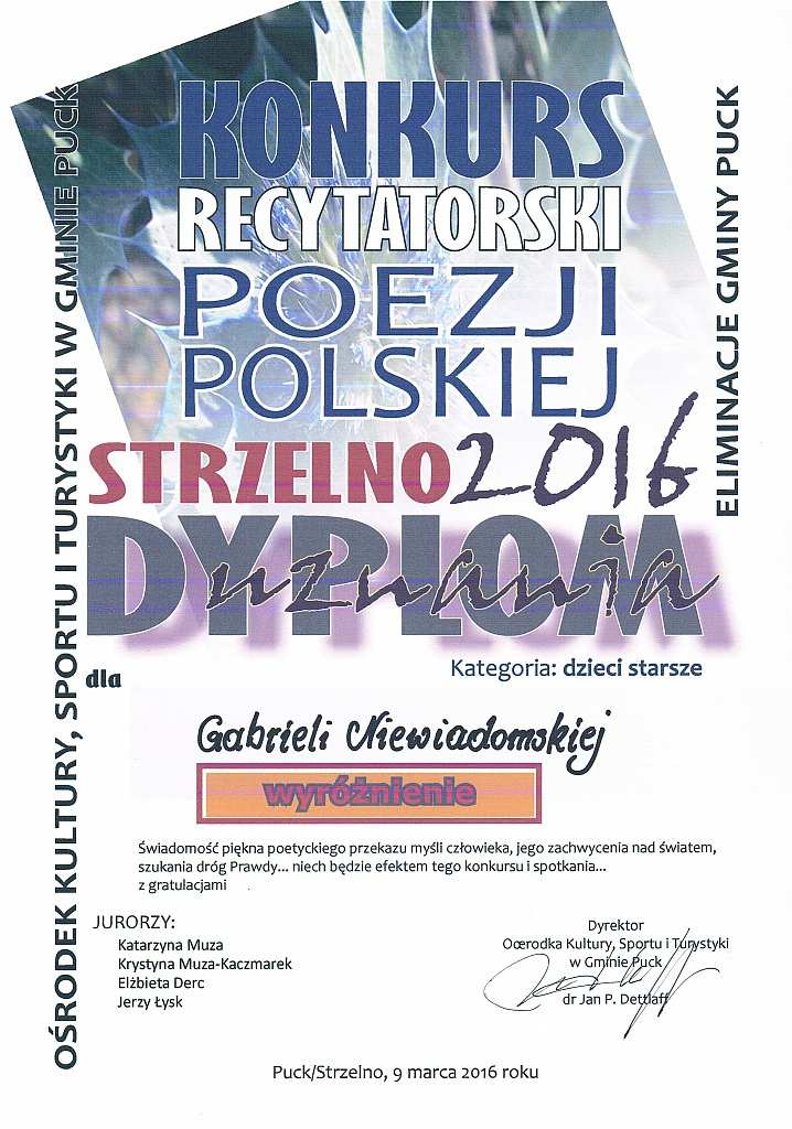 GMINNY KONKURS RECYTATORSKI 9 marca odbył się gminny Konkurs Recytatorski Poezji polskiej Strzelno 2016 zorganizowany przez Ośrodek Kultury Sportu i