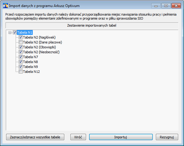 Jak eksportować dane z Arkusza do SIO? 4/7 Określ zakres importowanych danych, wstawiając znaczniki w polach wyboru tabel i kliknij przycisk Importuj.
