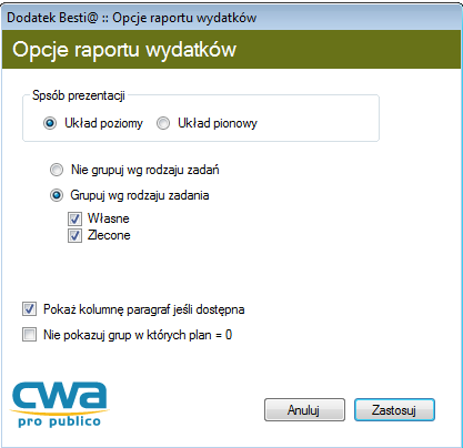 Opcje raportu Wydatki Nie grupuj wg rodzaju zadań umożliwia wczytanie danych do jednej tabeli zawierającej komplet danych o planie wydatków budżetowych JST Grupuj wg rodzaju zadań umożliwia