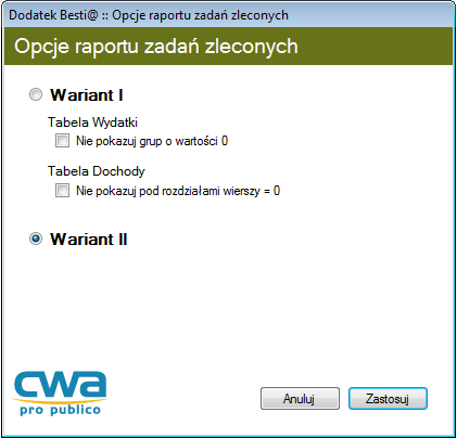 Opcje raportu Zadania zlecone Funkcja ta pozwala na utworzenie zestawienia zawierającego dane o planie dochodów i wydatków na zadania zlecone.