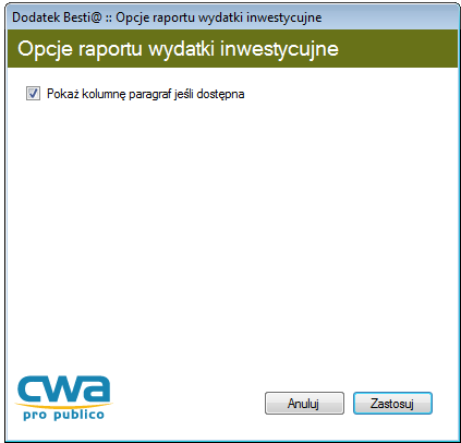 Opcje raportu Program profilaktyki Funkcja ta pozwala na utworzenie zestawienia zawierającego dane z planu dochodów budżetowych i planu wydatków budżetowych.