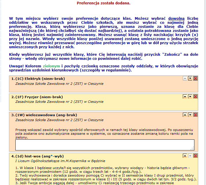 Krok 6/6 Wybór oddziałów Następnie w obrębie tych szkół wybierz oddziały, do których chcesz kandydować. Jest to krok ostatni i najważniejszy.