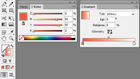 1 4 2 3 Rys. 11: Ustawienie koloru początkowego gradientu W analogiczny sposób ustawiamy kolor końcowy gradientu efekt jest pokazany na Rys. 12. Rys. 12: Ustawienie koloru końcowego gradientu Dalsze ustawienia gradientu są dostępne w palecie (np.