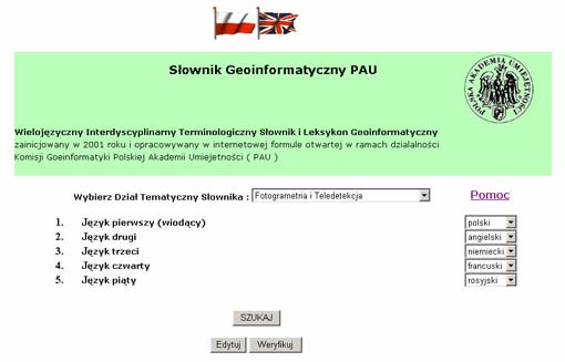 Opcja Szukaj pozwala dowolnym użytkownikom na pracę ze Słownikiem (wyszukiwanie haseł i czytanie opisów). Po naciśnięciu tego przycisku, przechodzimy do kolejnej strony.