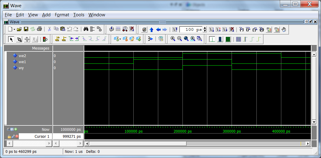 Rys. 6 Okno z przebiegami czasowymi symulatora ModelSim. Nawigator ISE domyślnie wywołuje symulator ModelSim z symulacją trwającą 1000 ns.