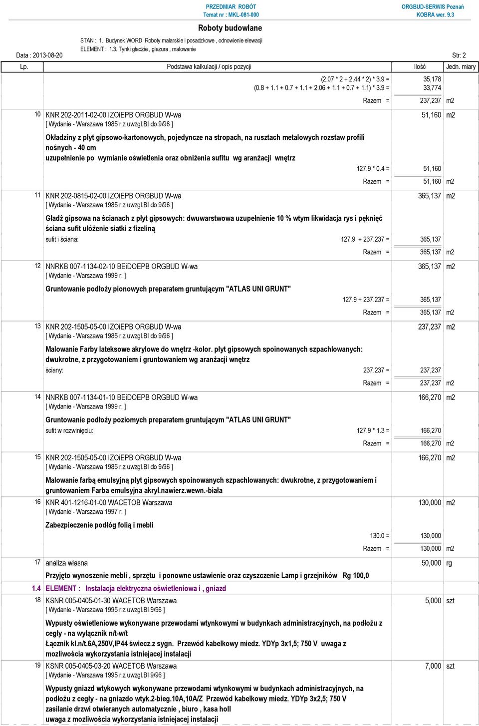 9 = 33,774 Razem = 237,237 m2 10 KNR 202-2011-02-00 IZOiEPB ORGBUD W-wa 51,160 m2 Okładziny z płyt gipsowo-kartonowych, pojedyncze na stropach, na rusztach metalowych rozstaw profili nośnych - 40 cm