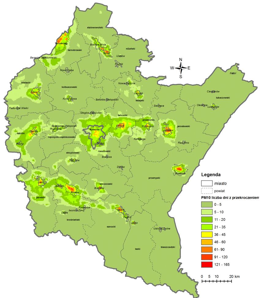 Rysunek 12. Rozkład średniorocznych stężeń pyłu PM10 w województwie podkarpackim w roku 2014 - wyniki modelowania (WIOŚ) Rysunek 13.
