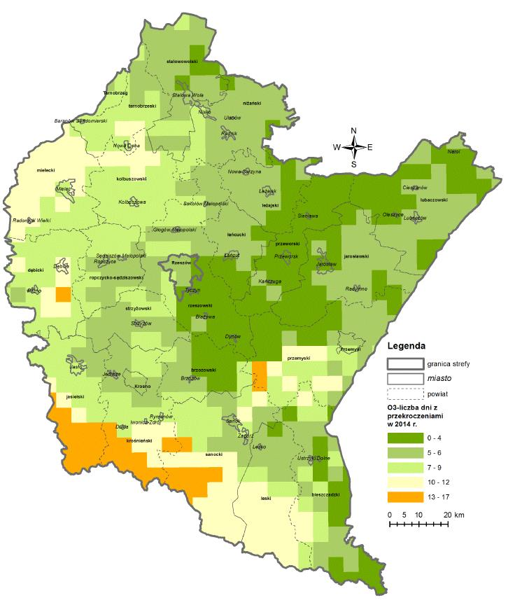 Zanieczyszczenia wtórne ozon Badania prowadzone przez Wojewódzki Inspektorat Ochrony Środowiska w Rzeszowie w roku 2014 wykazały, że liczba dni z przekroczeniami wartości docelowej na obszarze