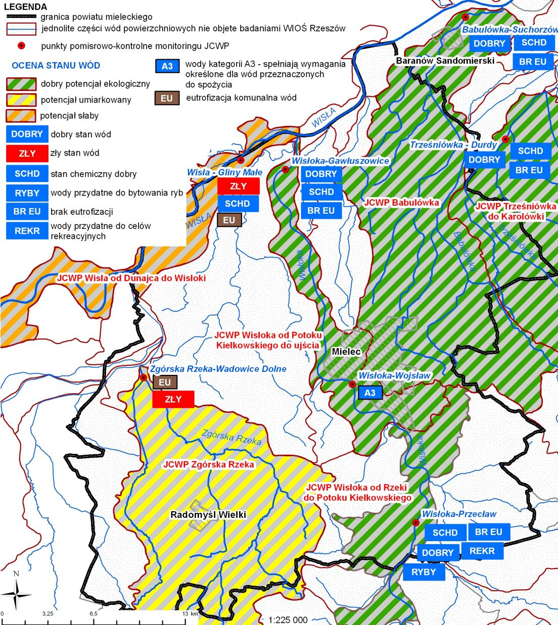 OCENA DZIEDZICZONA WODY POWIERZCHNIOWE OCENA STANU JEDNOLITYCH CZĘŚCI WÓD POWIERZCHNIOWYCH W POWIECIE MIELECKIM W 2013 ROKU JCWP MONITOROWANE PRZEZ WIOŚ RZESZÓW Ocena stanu JCWP Wisła od Dunajca do