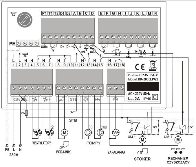 Schemat elektryczny regulatora RK-2006LPG2 SCHEMAT PODŁĄCZENIA STEROWNIKA RK-2006LPG2 Listwa niskonapięciowa - sterująca: A-D - podłączenie przekaźnika załączającego stoker (podajnik wewnętrzny