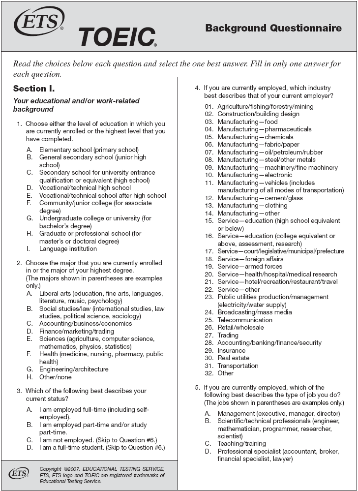 TOEIC BACKGROUND QUESTIONNAIRE Copyright 2008.
