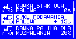 4.2 Dawka startowa paliwa parametr ten określa przez jaki czas podawane będzie paliwo przed uruchomieniem zapalarki. Zaprogramowanie parametru na wartość 0s wyłącza podawanie dawki startowej paliwa.