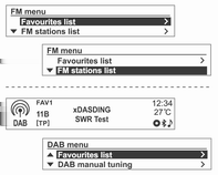120 System audio-nawigacyjny Można zapisać maksymalnie 3 zestawy ulubionych stacji po sześć stacji radiowych lub stacji DAB w każdym.
