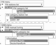 System audio-nawigacyjny 121 Menu FM/AM/DAB Lista ulubionych stacji Menu FM/AM Lista stacji FM/AM Menu FM/DAB Lista kategorii FM/ DAB W Menu FM/Menu AM/Menu DAB obrócić pokrętło MENU-TUNE, aby wybrać