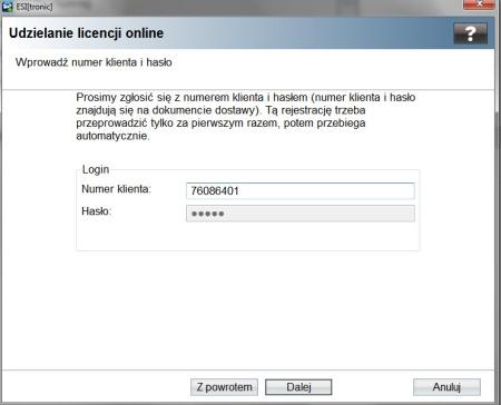 Odblokowanie programu ESI[tronic] 2.0 Licencjonowanie wg wariantu 1 Wybrać Licencja w menu głównym. Wybrać połączenie online Wpisać numer klienta oraz hasło.