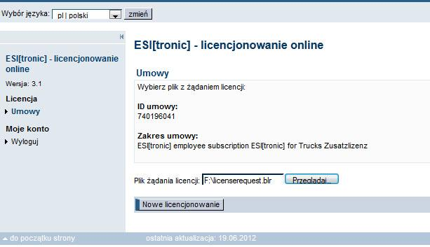 Odblokowanie programu ESI[tronic] 2.0 Licencjonowanie wg wariantu 2 Wybrać posiadaną umowę (abonament) i kliknąć na Następny krok. Kliknąć na Nowe licencjonowanie.