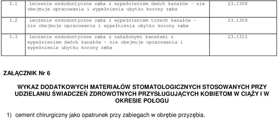 3 Leczenie endodontyczne zęba z zakaŝonymi kanałami z wypełnieniem dwóch kanałów - nie obejmuje opracowania i wypełnienia ubytku korony zęba 23.1308 23.1309 23.