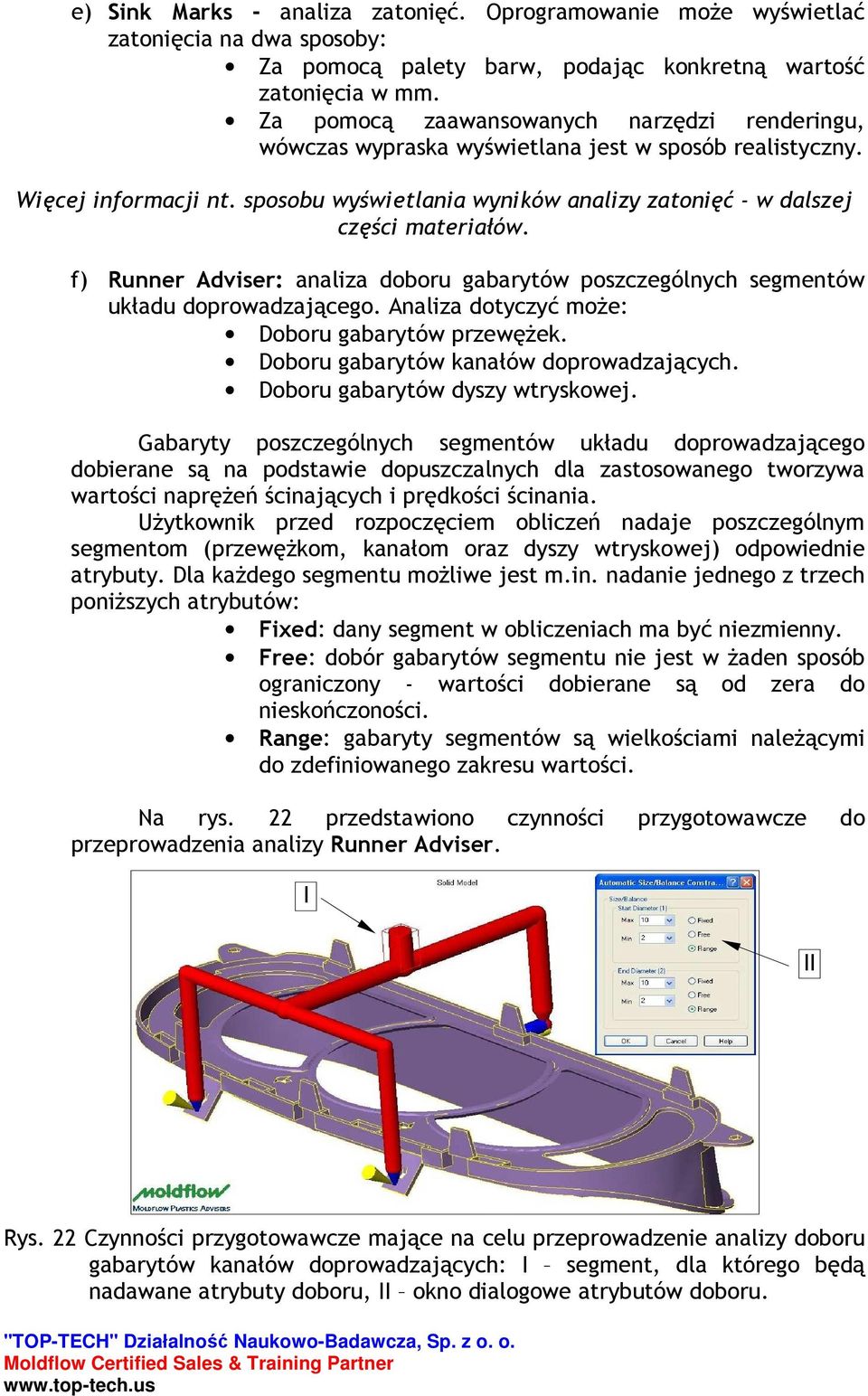 sposobu wyświetlania wyników analizy zatonięć - w dalszej części materiałów. f) Runner Adviser: analiza doboru gabarytów poszczególnych segmentów układu doprowadzającego.