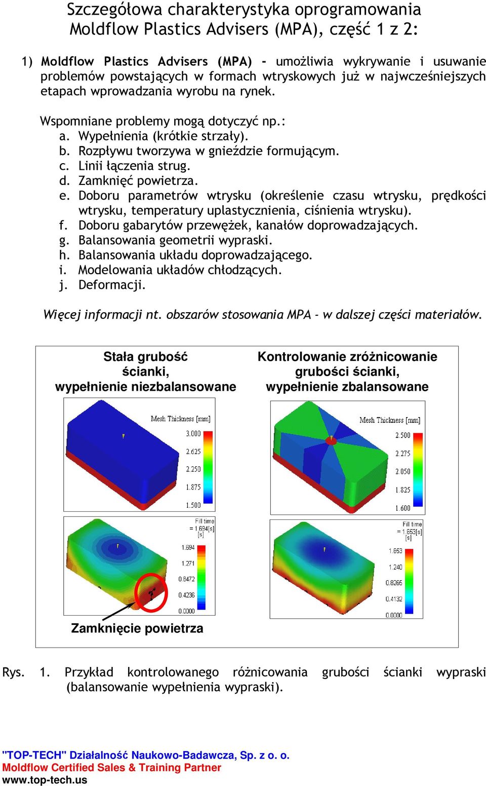 Linii łączenia strug. d. Zamknięć powietrza. e. Doboru parametrów wtrysku (określenie czasu wtrysku, prędkości wtrysku, temperatury uplastycznienia, ciśnienia wtrysku). f.