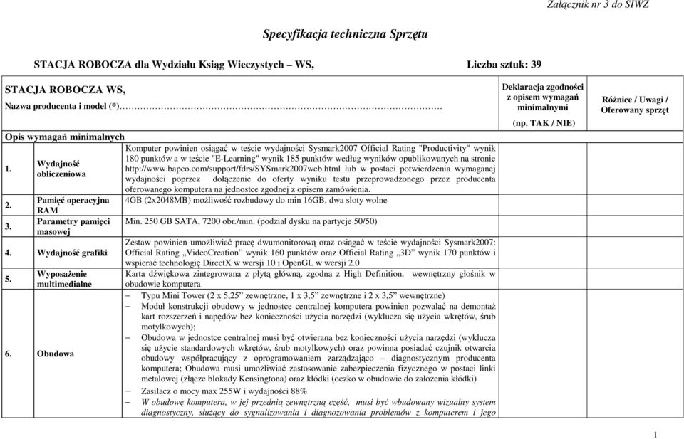 Obudowa Komputer powinien osiągać w teście wydajności Sysmark2007 Official Rating "Productivity" wynik 180 punktów a w teście "E-Learning" wynik 185 punktów według wyników opublikowanych na stronie